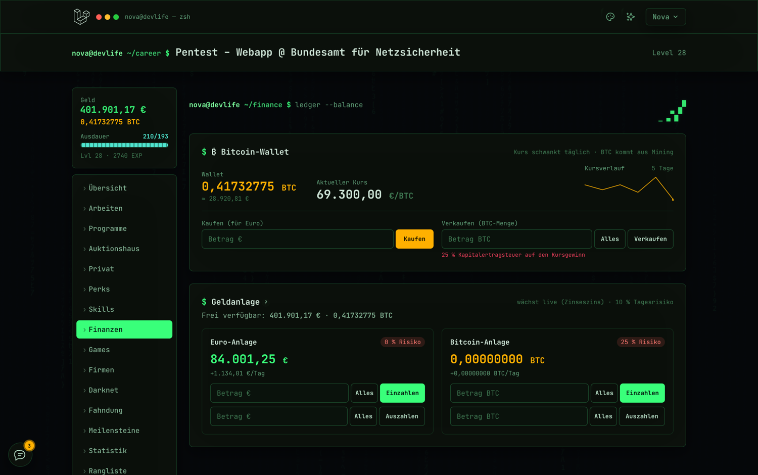 Bitcoin und Anlage – Screenshot aus DevLife